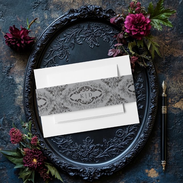 Victorian Bat Until Death Black & Gray Wedding Invitation Belly Band (Creator Uploaded)