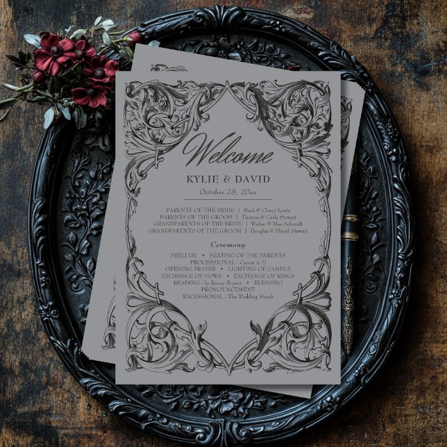 Victorian Bat Until Death Black & Gray Wedding Program (Creator Uploaded)