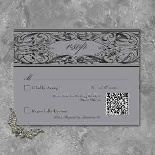 Victorian Bat Until Death Black & Gray Wedding RSVP Card