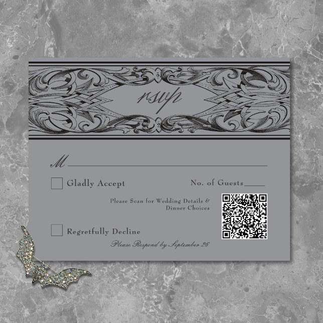 Victorian Bat Until Death Black & Gray Wedding RSVP Card (Victorian Bat Until Death Black & Gray Wedding RSVP Card)