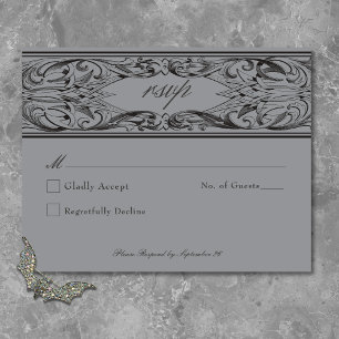 Victorian Bat Until Death Black & Gray Wedding RSVP Card