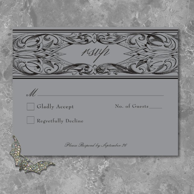 Victorian Bat Until Death Black & Gray Wedding RSVP Card (Victorian Bat Until Death Black & Gray Wedding RSVP Card)