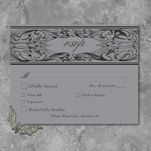 Victorian Bat Until Death Black & Gray Wedding RSVP Card