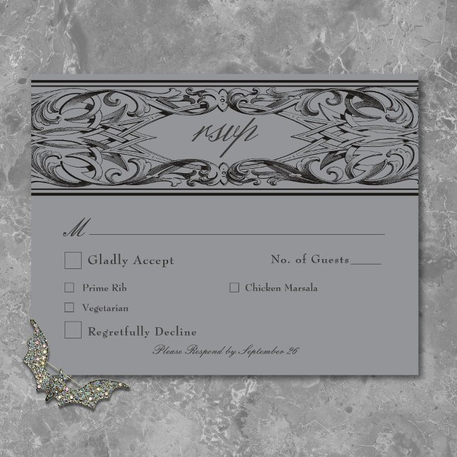 Victorian Bat Until Death Black & Gray Wedding RSVP Card (Victorian Bat Until Death Black & Gray Wedding RSVP Card)