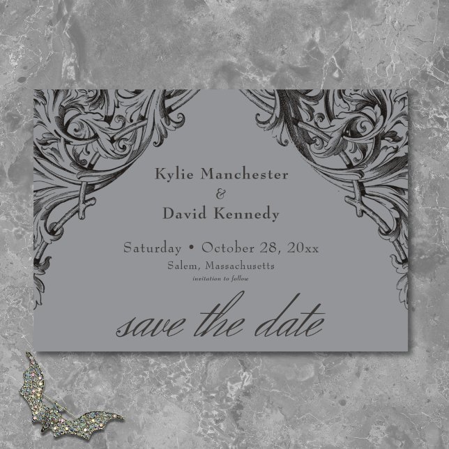 Victorian Bat Until Death Black & Gray Wedding Save The Date (Victorian Bat Until Death Black & Gray Wedding Save The Date)