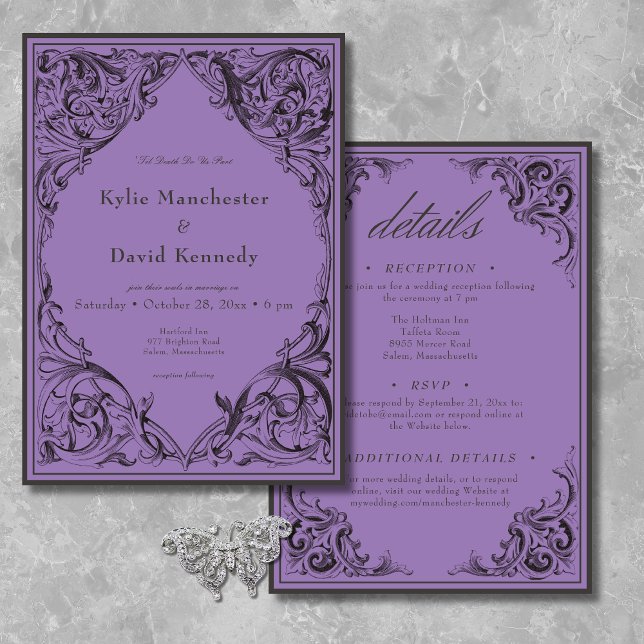 Victorian Bat Until Death Black & Purple Two Sided Invitation (Victorian Bat Until Death Black & Purple Two Sided Invitation)