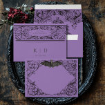 Victorian Bat Until Death Black & Purple Wedding Envelope<br><div class="desc">Elevate your gothic wedding with a Victorian-inspired wedding invitation envelope that exudes timeless elegance and mystery. Designed to resemble an antique book binding, this stunning design features intricate a black and purple lacey filigree, evoking the charm of a bygone era. A bat with wings spread sits at the pinnacle, adding...</div>