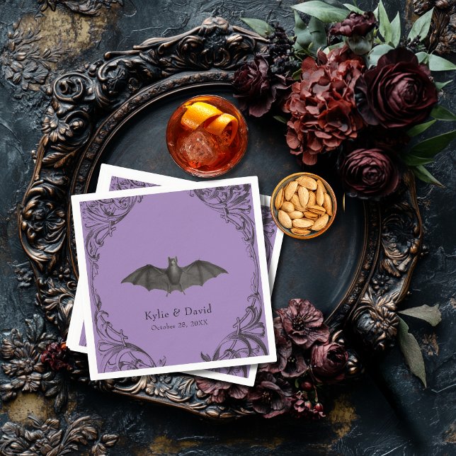 Victorian Bat Until Death Black & Purple Wedding Napkins (Creator Uploaded)