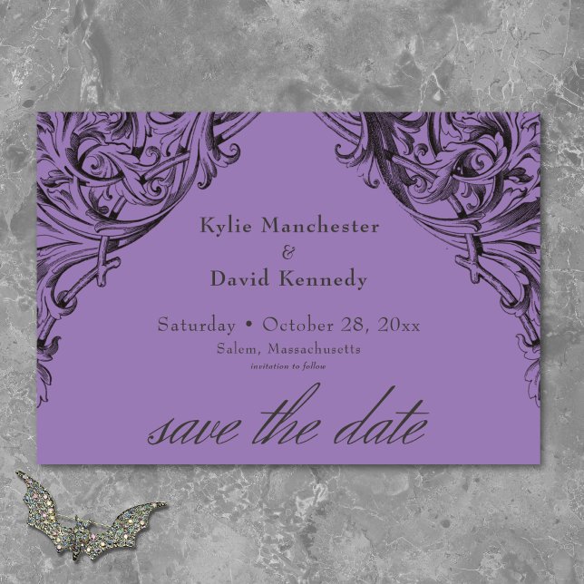 Victorian Bat Until Death Black & Purple Wedding Save The Date (Victorian Bat Until Death Black & Purple Wedding Save The Date)