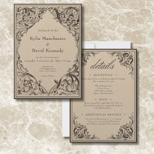 Victorian Bat Until Death Black & Tan Two Sided Invitation