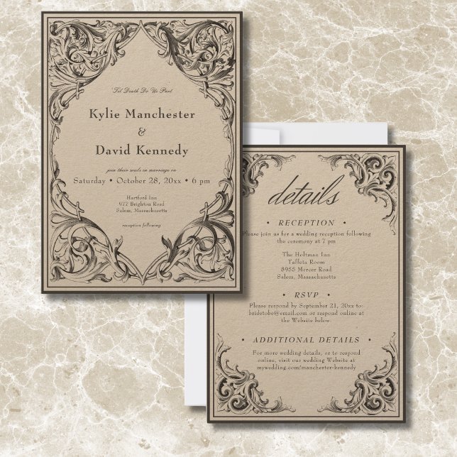 Victorian Bat Until Death Black & Tan Two Sided Invitation (Victorian Bat Until Death Black & Tan Two Sided Invitation)