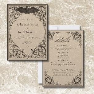 Victorian Bat Until Death Black & Tan Two Sided Invitation