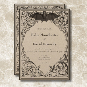 Victorian Bat Until Death Black & Tan Wedding Invitation