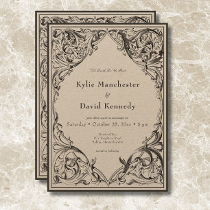 Victorian Bat Until Death Black & Tan Wedding Invitation