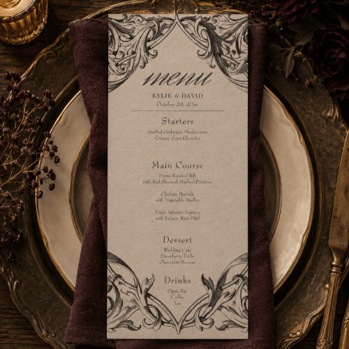 Victorian Bat Until Death Black & Tan Wedding Menu