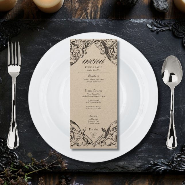 Victorian Bat Until Death Black & Tan Wedding Menu (Victorian Bat Until Death Black & Brown Wedding Menu)