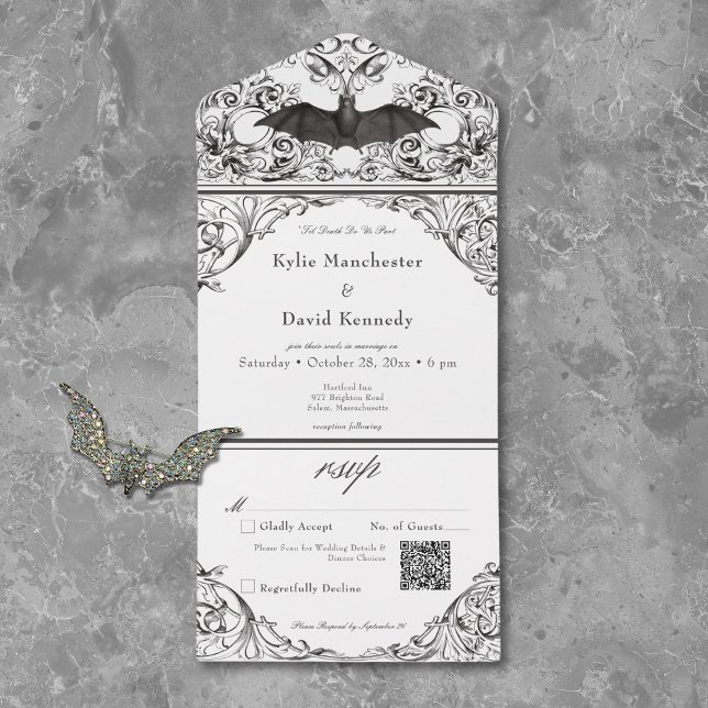 Victorian Bat Until Death Black White QR Code All In One Invitation (Creator Uploaded)