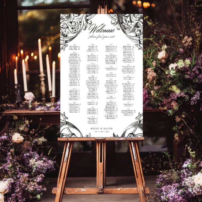 Victorian Bat Until Death Black & White Seating Foam Board (Victorian Bat Until Death Black & White Alphabetical Seating Sign)