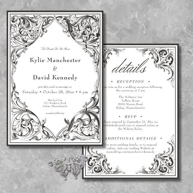 Victorian Bat Until Death Black & White Two Sided Invitation (Creator Uploaded)