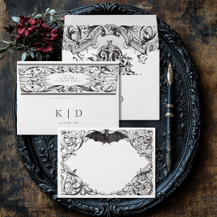 Victorian Bat Until Death Black & White Wedding Envelope