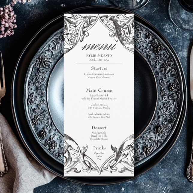 Victorian Bat Until Death Black & White Wedding Menu (Creator Uploaded)