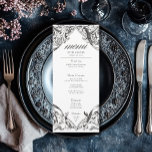 Victorian Bat Until Death Black & White Wedding Menu<br><div class="desc">Elevate your gothic wedding with a Victorian-inspired wedding menu that exudes timeless elegance and mystery. Designed to resemble an antique book binding, this stunning design features intricate a black and white lacey filigree, evoking the charm of a bygone era. Let your love story unfold with a program as unforgettable as...</div>