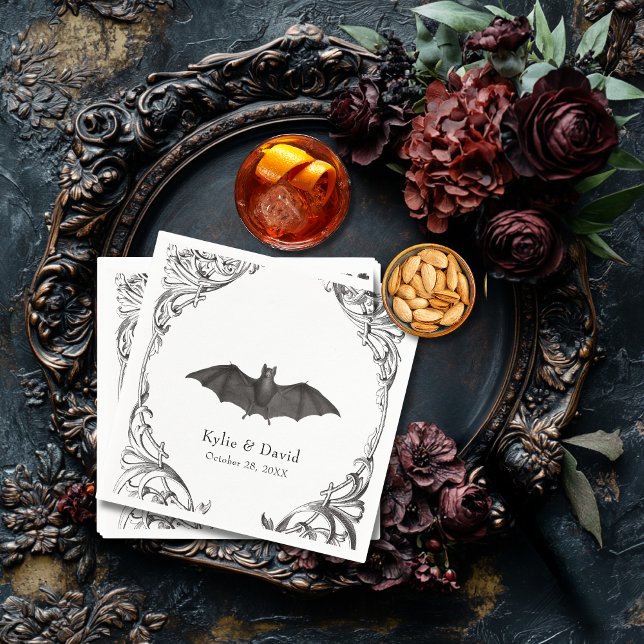 Victorian Bat Until Death Black & White Wedding Napkins (Creator Uploaded)