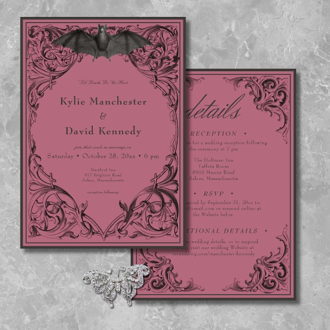 Victorian Bat Until Death Black & Wine Two Sided Invitation (Creator Uploaded)