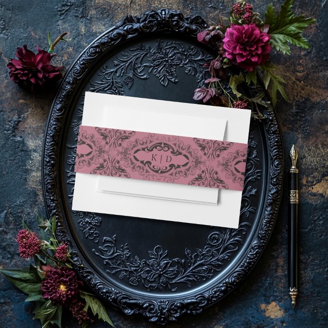 Victorian Bat Until Death Black & Wine Wedding Invitation Belly Band (Creator Uploaded)