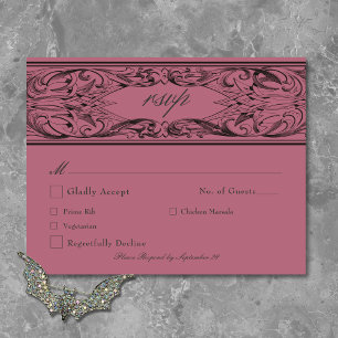 Victorian Bat Until Death Black & Wine Wedding RSVP Card