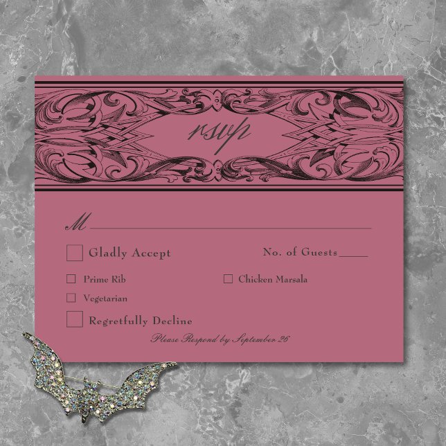Victorian Bat Until Death Black & Wine Wedding RSVP Card (Victorian Bat Until Death Black & Wine Wedding RSVP Card)