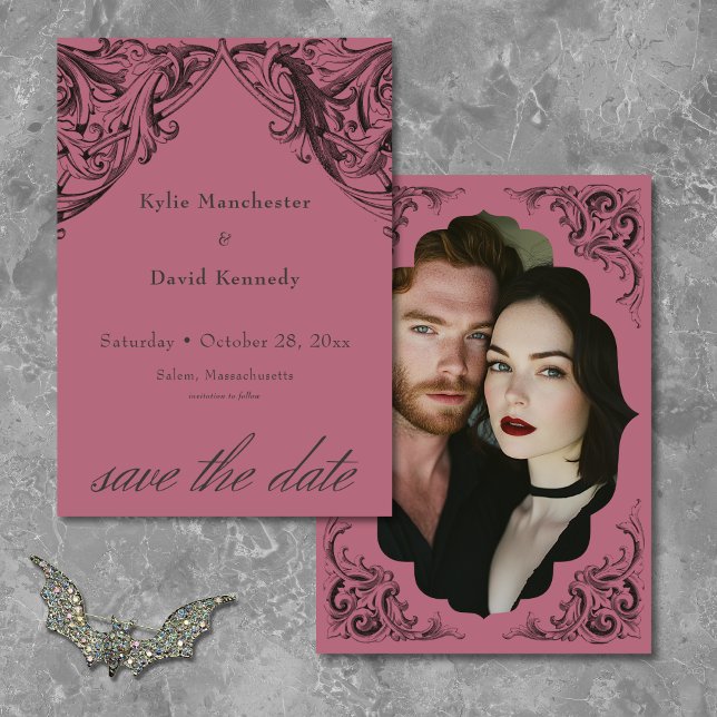 Victorian Bat Until Death Black & Wine Wedding Save The Date (Victorian Bat Until Death Black & Wine Wedding Save The Date)