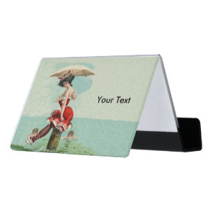 Victorian Bathing Beauty in Red on Pier In Ocean Desk Business Card Holder