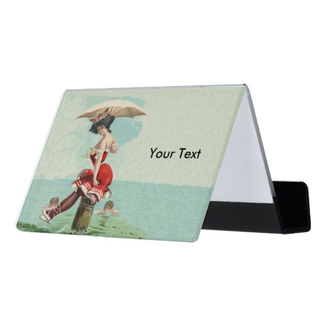 Victorian Bathing Beauty in Red on Pier In Ocean Desk Business Card Holder (Angled Back)