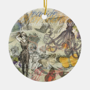 Victorian Bathing Beauty Kraken Vintage Surrealism Ceramic Ornament