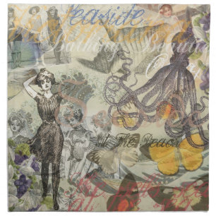 Victorian Bathing Beauty Kraken Vintage Surrealism Cloth Napkin