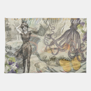 Victorian Bathing Beauty Kraken Vintage Surrealism Kitchen Towel