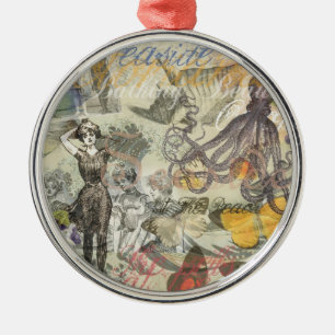 Victorian Bathing Beauty Kraken Vintage Surrealism Metal Ornament