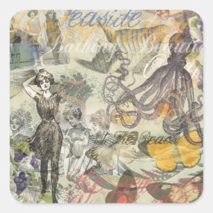 Victorian Bathing Beauty Kraken Vintage Surrealism Square Sticker