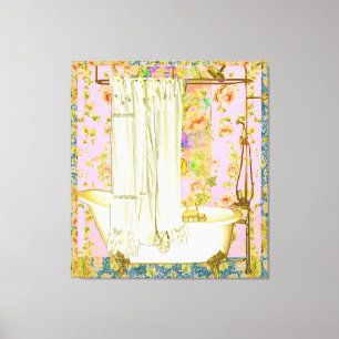 Victorian Bathtub Brass fixtures Pink Background Canvas Print