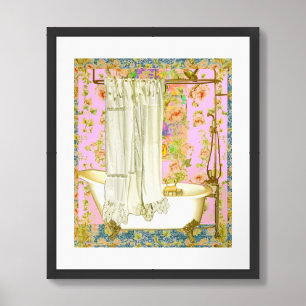 Victorian Bathtub Brass Fixtures Wallpaper Rug Framed Art