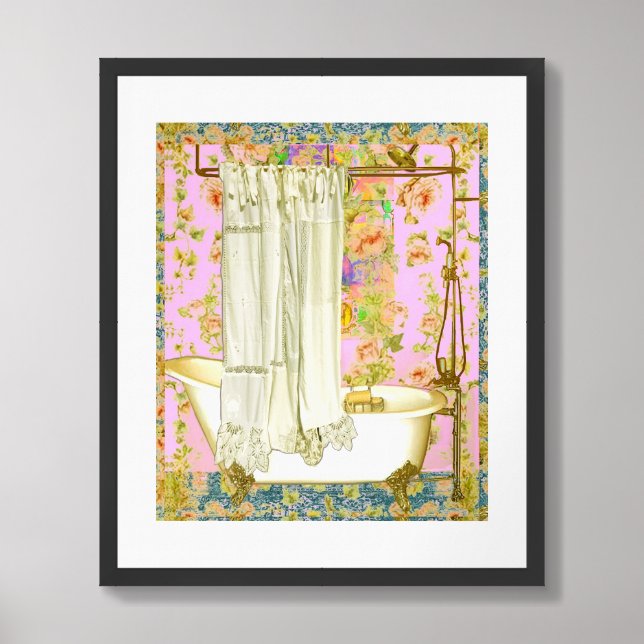 Victorian Bathtub Brass Fixtures Wallpaper Rug Framed Art (Framed Front)