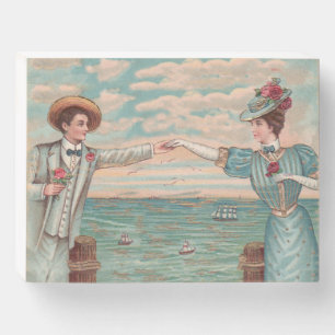 Victorian Beach Love Dressy Ocean Wedding Couple Wooden Box Sign