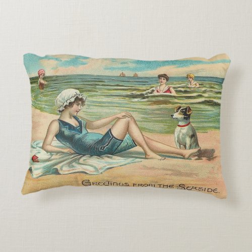 Victorian Beach Swim Girl Ocean Summer Vacation Accent Pillow