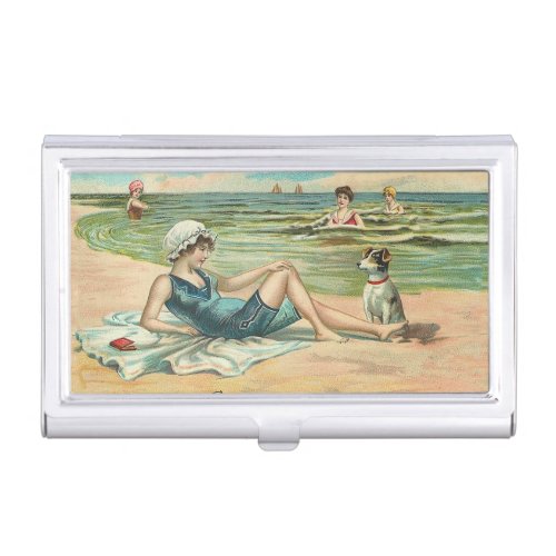 Victorian Beach Swim Girl Ocean Summer Vacation Business Card Holder