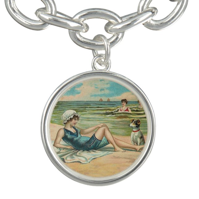 Victorian Beach Swim Girl Ocean Summer Vacation Charm Bracelet (Design)