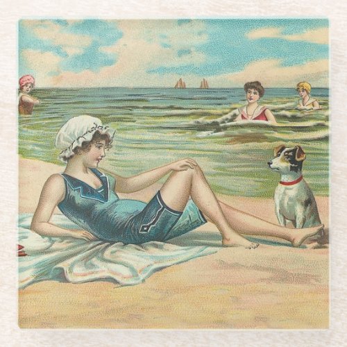 Victorian Beach Swim Girl Ocean Summer Vacation Glass Coaster