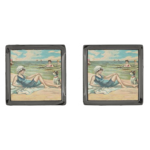 Victorian Beach Swim Girl Ocean Summer Vacation Gunmetal Finish Cufflinks