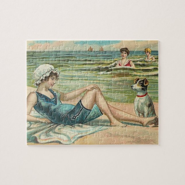 Victorian Beach Swim Girl Ocean Summer Vacation Jigsaw Puzzle (Horizontal)