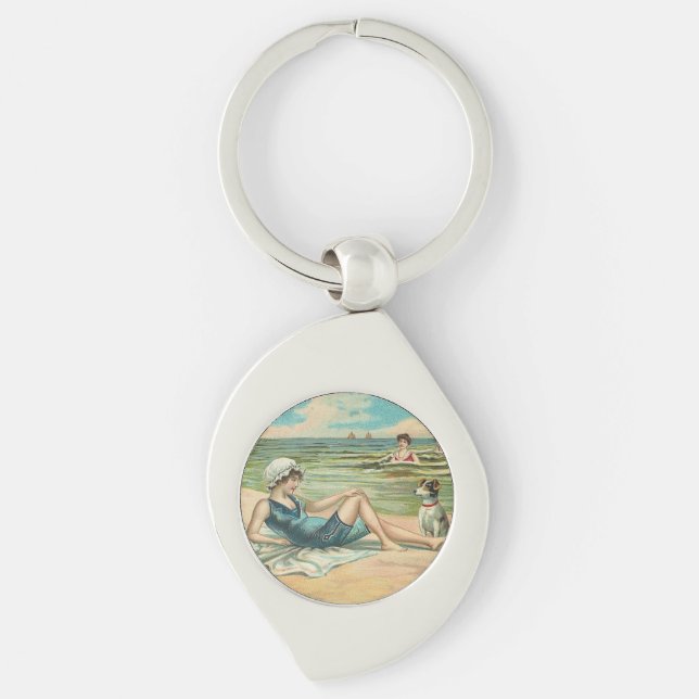 Victorian Beach Swim Girl Ocean Summer Vacation Keychain (Front)